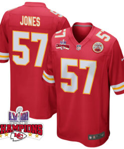 Truman Jones 57 Kansas City Chiefs Super Bowl LVIII Champions 4 Stars Patch Game Men Jersey - Red JS7197 nicesnker