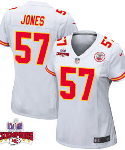 Truman Jones 57 Kansas City Chiefs Super Bowl LVIII Champions 4 Stars Patch Game Women Jersey - White JS8349 nicesnker