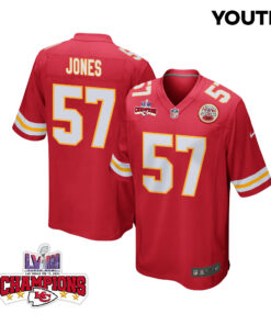 Truman Jones 57 Kansas City Chiefs Super Bowl LVIII Champions 4 Stars Patch Game YOUTH Jersey - Red JS4529 nicesnker