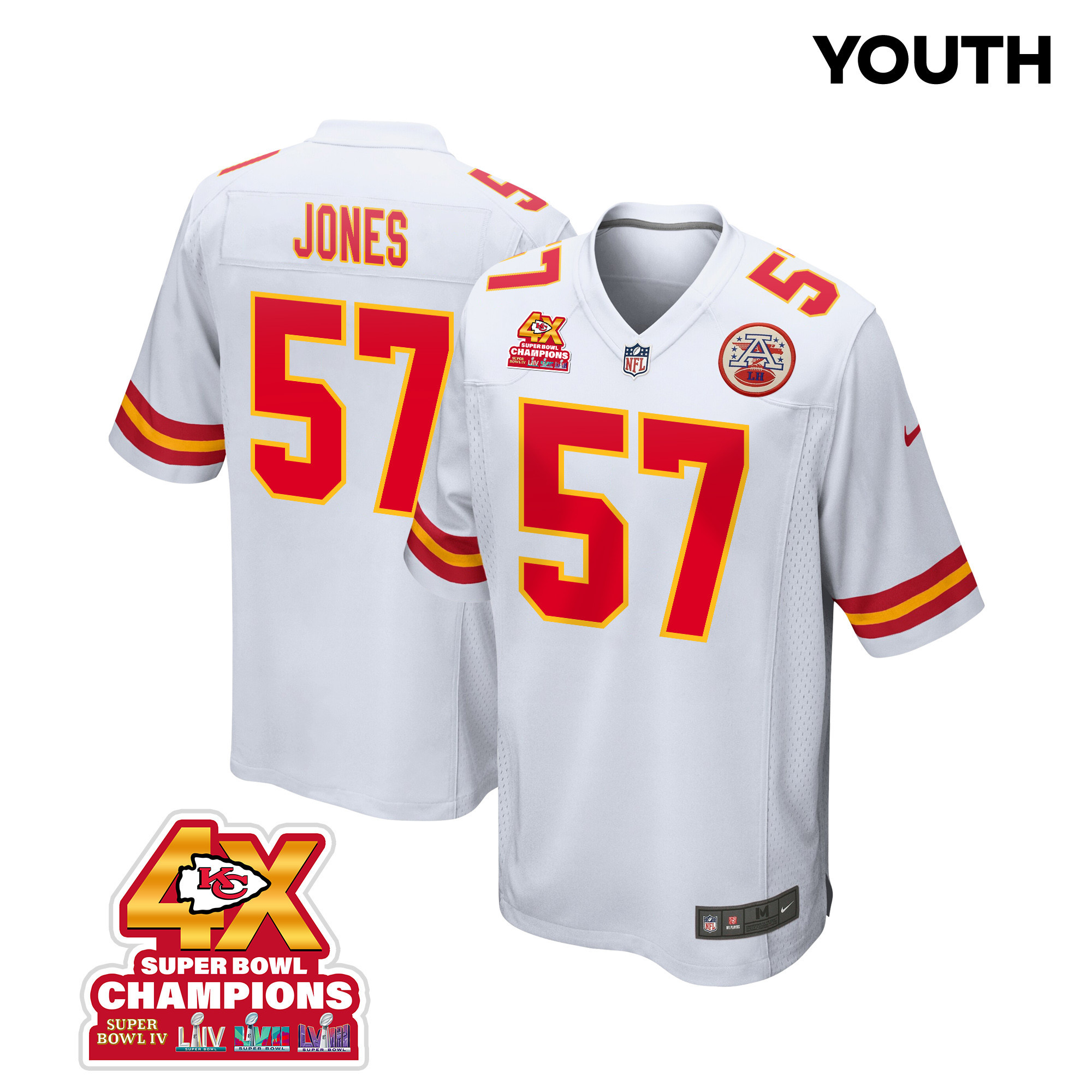 Truman Jones 57 Kansas City Chiefs Super Bowl LVIII Champions 4X Game YOUTH Jersey - White JS3085 nicesnker