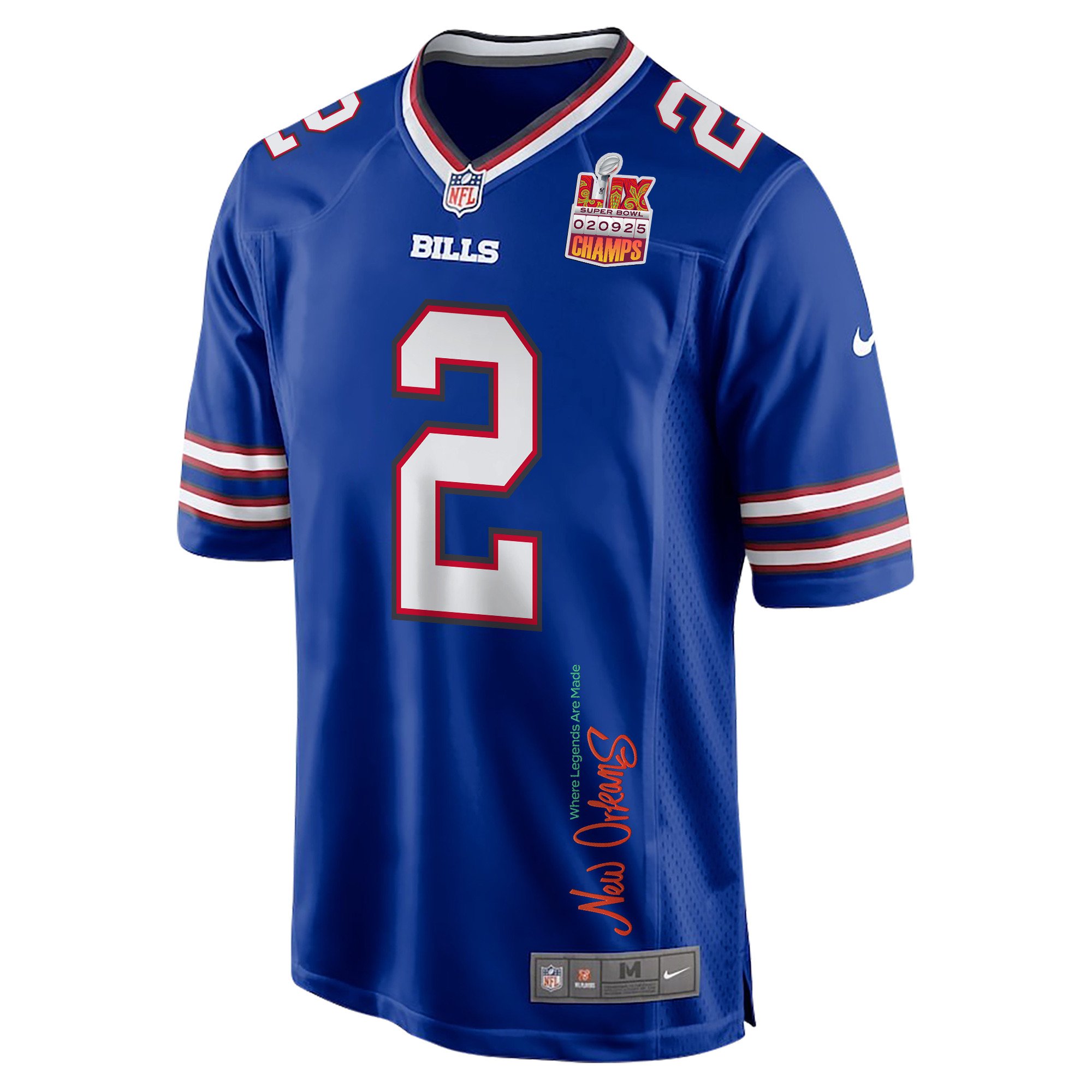 Tyler Bass 2 Buffalo Bills Super Bowl LIX Champions Patch 'New Orleans - Where Legends Are Made' EMBROIDERED Game Men Jersey - Royal JS2092 nicesnker - Image 3