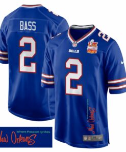 Tyler Bass 2 Buffalo Bills Super Bowl LIX Champions Patch 'New Orleans - Where Passion Ignites' EMBROIDERED Game Men Jersey - Royal JS7108 nicesnker