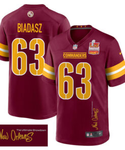 Tyler Biadasz 63 Washington Commanders Super Bowl LIX Champions Patch 'New Orleans - The Ultimate Showdown' EMBROIDERED Game Men Jersey - Burgundy JS2451 nicesnker