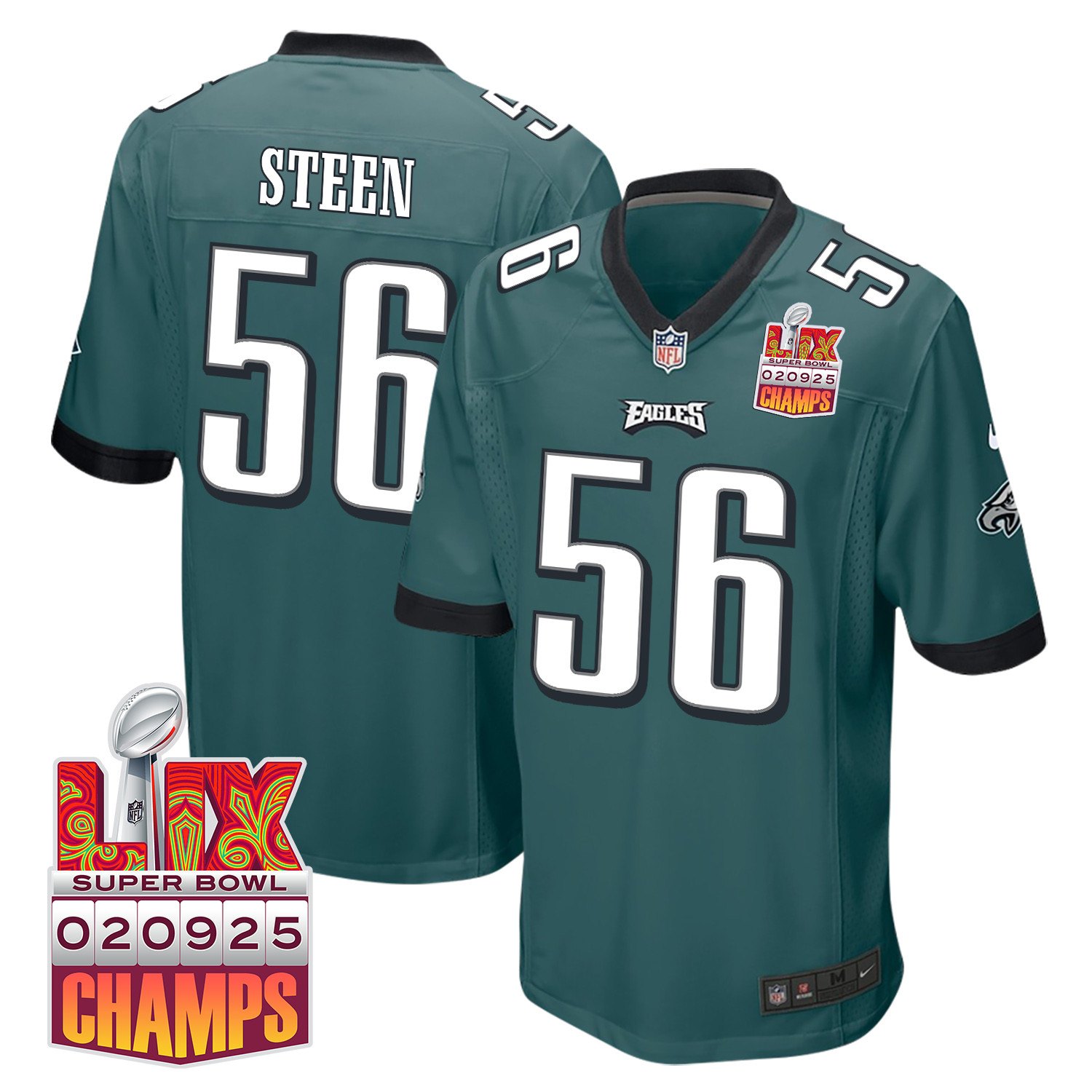 Tyler Steen 56 Philadelphia Eagles Super Bowl LIX Champions Patch Game Men Jersey - Midnight Green JS7351 nicesnker