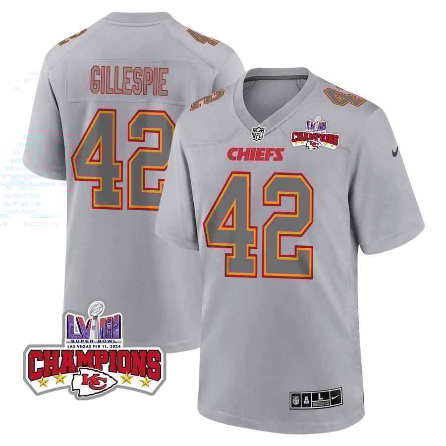 Tyree Gillespie 42 Kansas City Chiefs Super Bowl LVIII Champions 4 Stars Patch Atmosphere Fashion Game Men Jersey - Gray JS9099 nicesnker