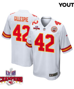 Tyree Gillespie 42 Kansas City Chiefs Super Bowl LVIII Champions 4 Stars Patch Game YOUTH Jersey - White JS1372 nicesnker