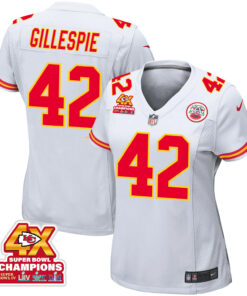 Tyree Gillespie 42 Kansas City Chiefs Super Bowl LVIII Champions 4X Game Women Jersey - White JS3626 nicesnker