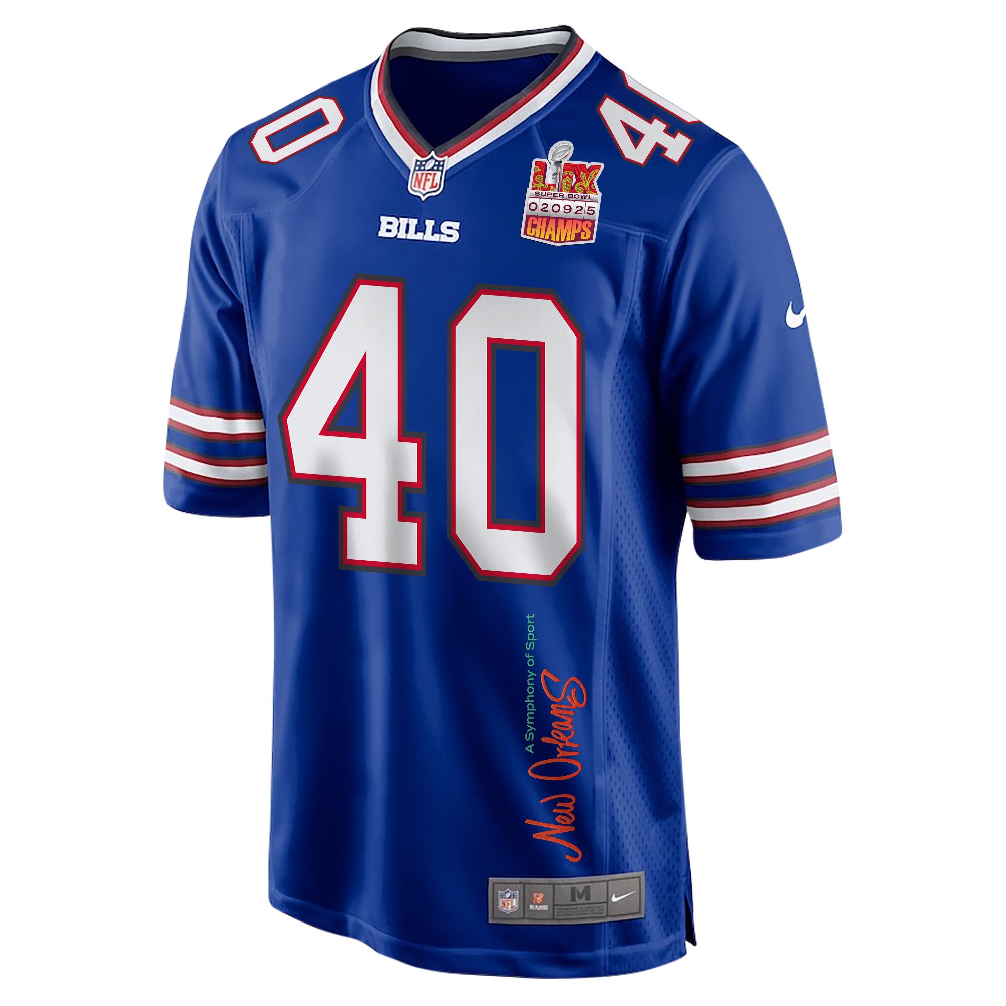 Von Miller 40 Buffalo Bills Super Bowl LIX Champions Patch 'New Orleans - A Symphony of Sport' EMBROIDERED Game Men Jersey - Royal JS2912 nicesnker - Image 3