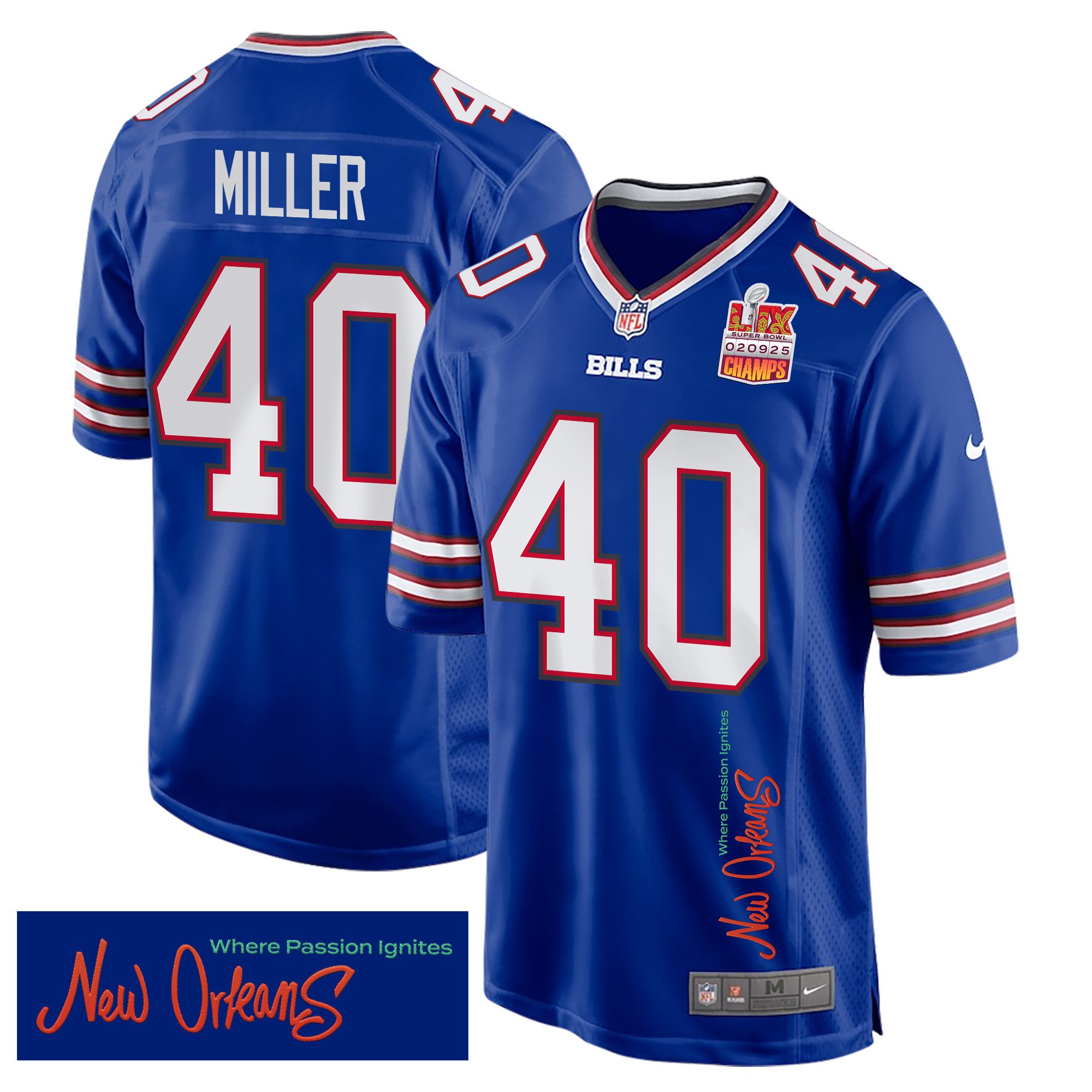 Von Miller 40 Buffalo Bills Super Bowl LIX Champions Patch 'New Orleans - Where Passion Ignites' EMBROIDERED Game Men Jersey - Royal JS5522 nicesnker
