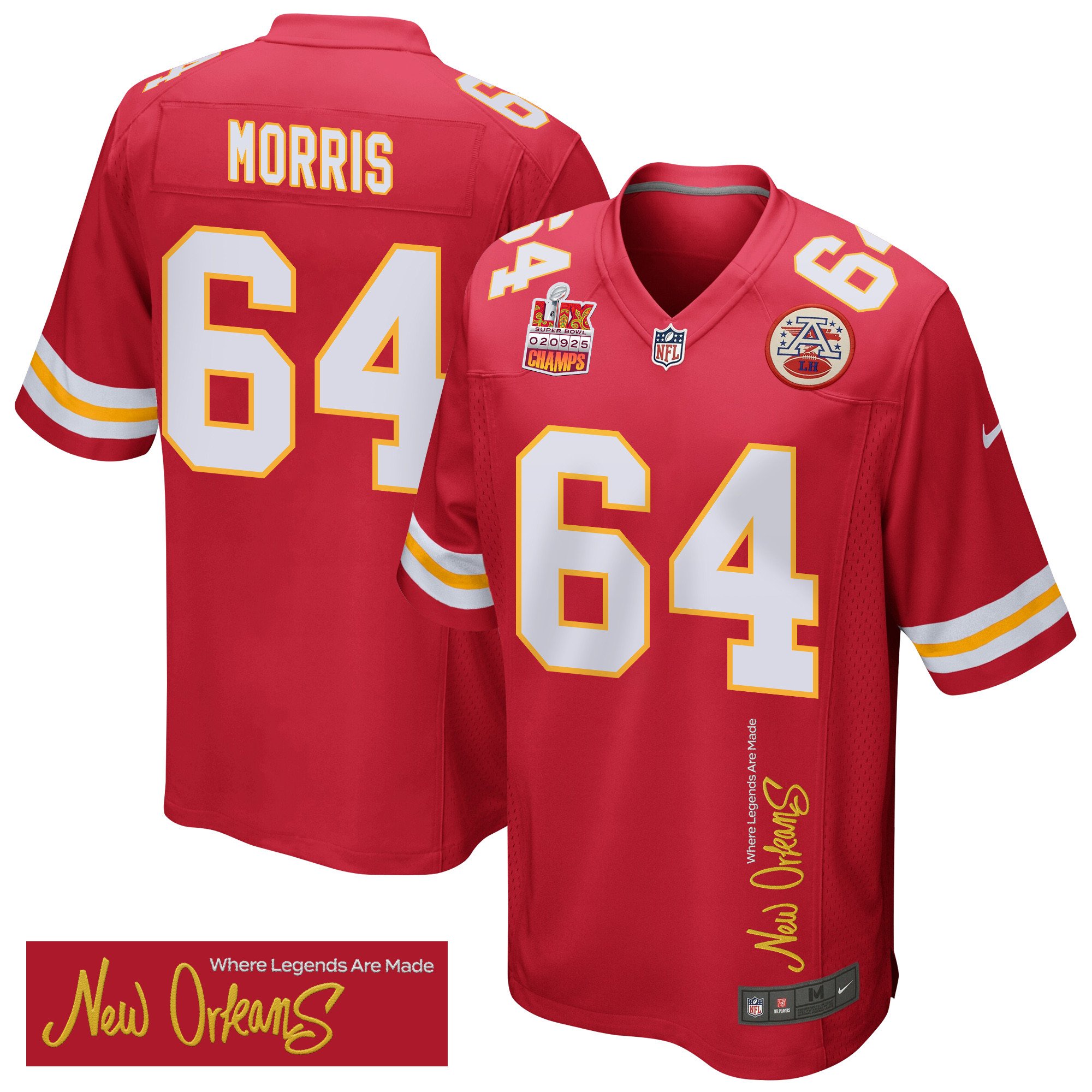 Wanya Morris 64 Kansas City Chiefs Super Bowl LIX Champions Patch 'New Orleans - Where Legends Are Made' EMBROIDERED Game Men Jersey - Red JS6153 nicesnker