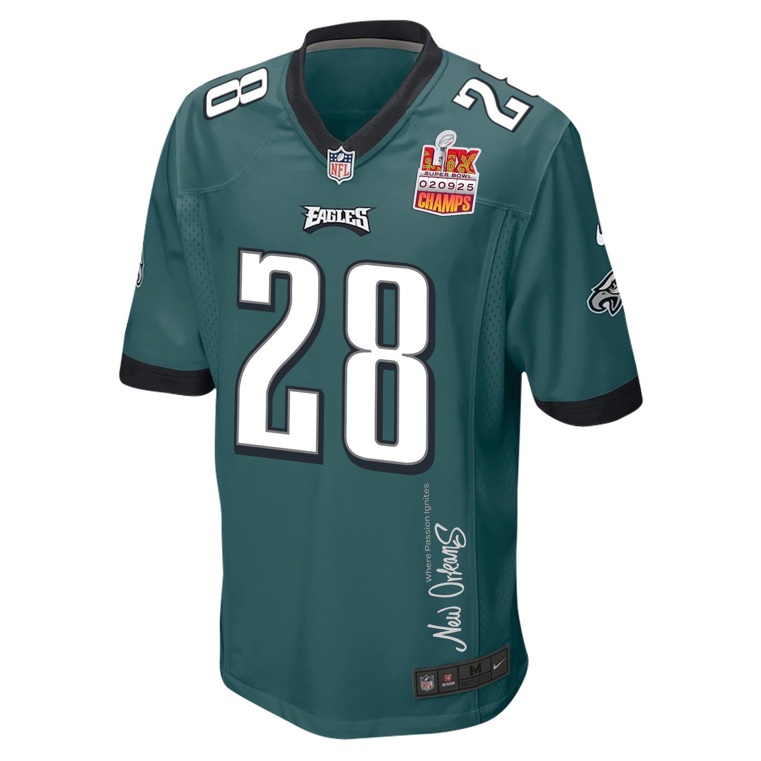 Will Shipley 28 Philadelphia Eagles Super Bowl LIX Champions Patch 'New Orleans - Where Passion Ignites' EMBROIDERED Game Men Jersey - Midnight Green JS6604 nicesnker - Image 3