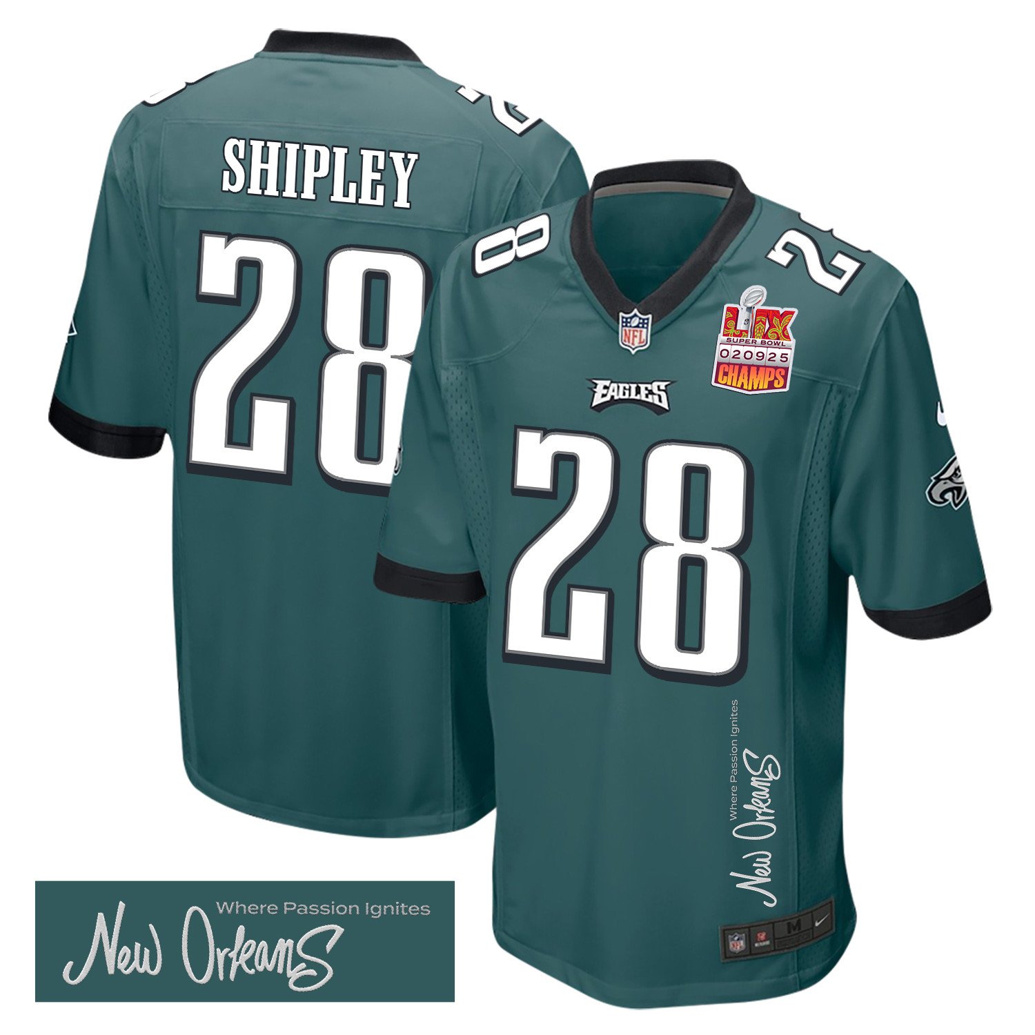 Will Shipley 28 Philadelphia Eagles Super Bowl LIX Champions Patch 'New Orleans - Where Passion Ignites' EMBROIDERED Game Men Jersey - Midnight Green JS6604 nicesnker