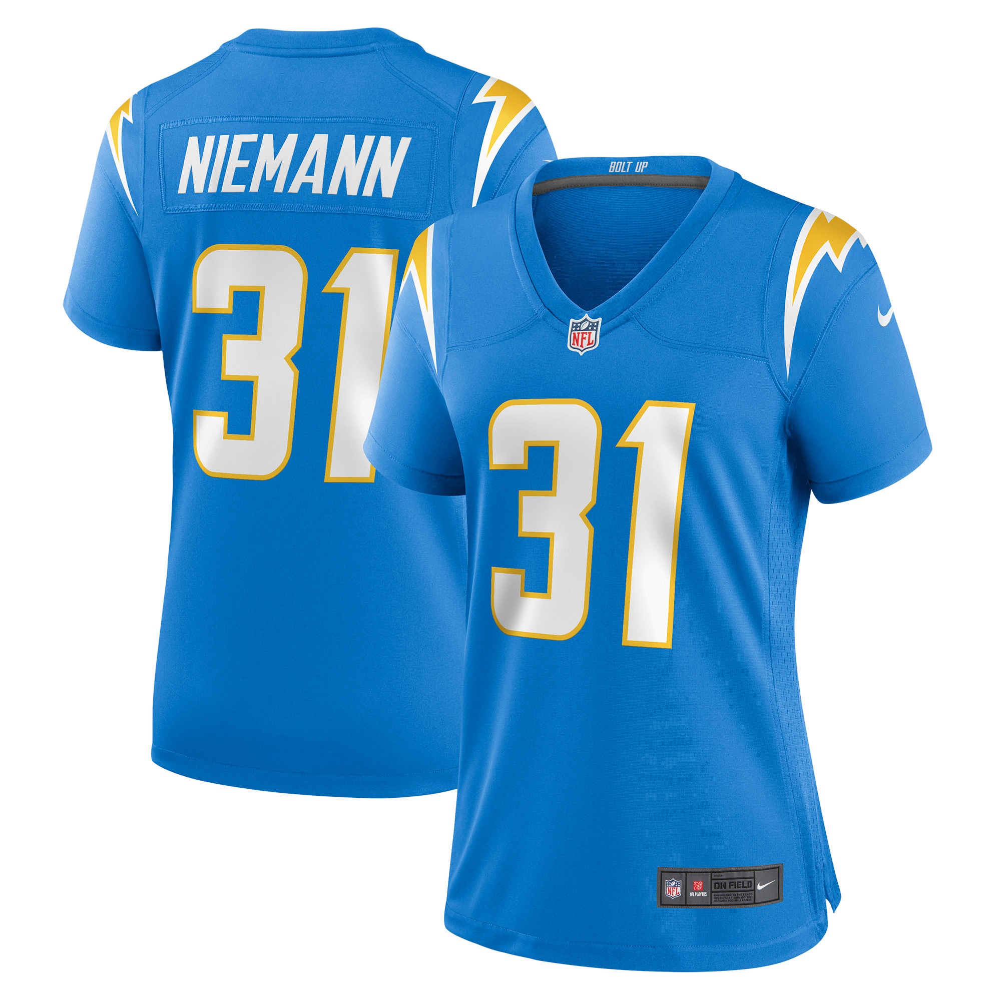 Women's Los Angeles Chargers Nick Niemann Powder Blue Game Player Jersey JS6922 nicesnker