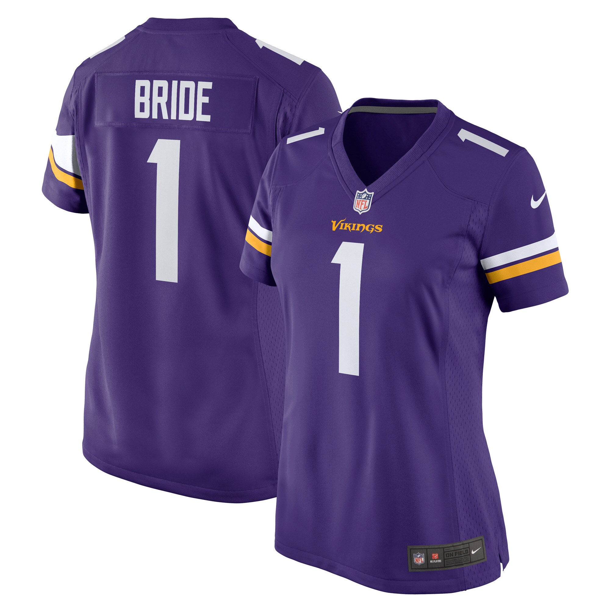 Women's Minnesota Vikings Number 1 Bride Purple Game Jersey JS6665 nicesnker