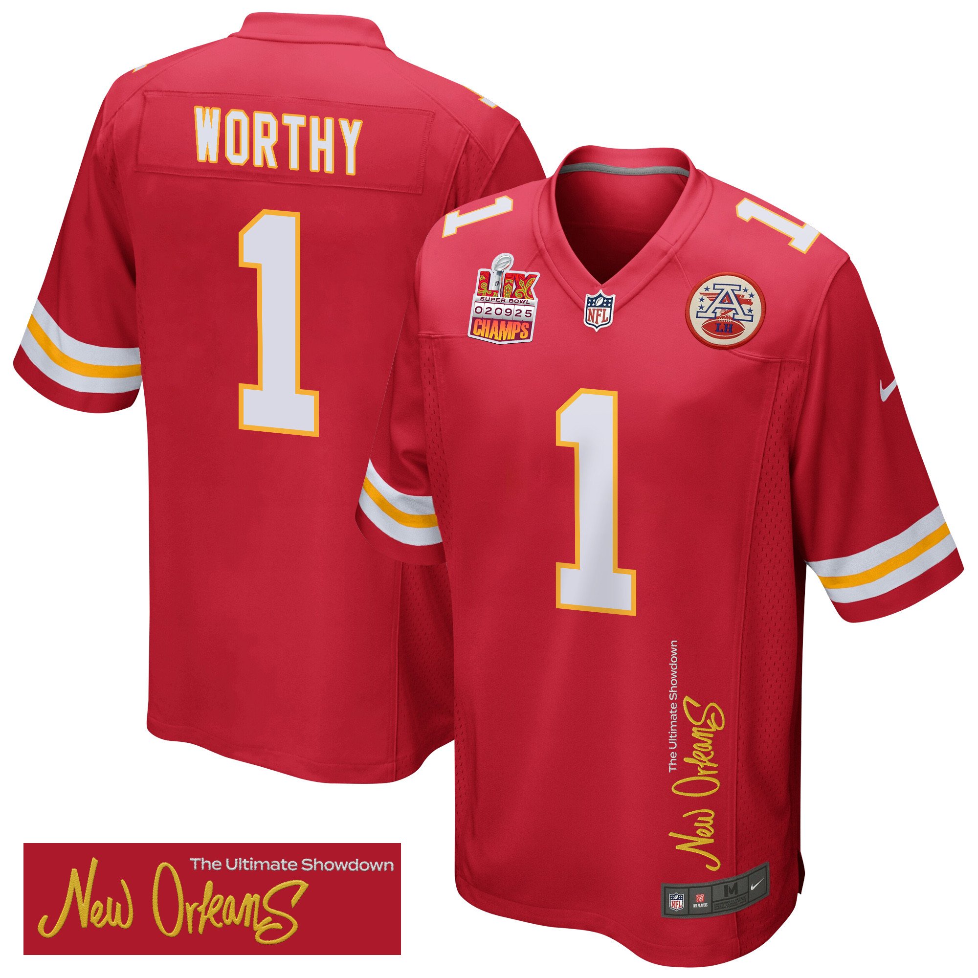 Xavier Worthy 1 Kansas City Chiefs Super Bowl LIX Champions Patch 'New Orleans - The Ultimate Showdown' EMBROIDERED Game Men Jersey - Red JS9438 nicesnker