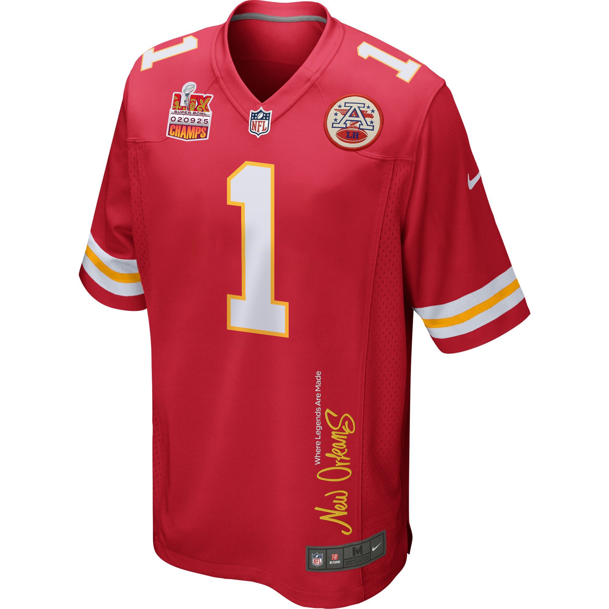 Xavier Worthy 1 Kansas City Chiefs Super Bowl LIX Champions Patch 'New Orleans - Where Legends Are Made' EMBROIDERED Game Men Jersey - Red JS7718 nicesnker - Image 3