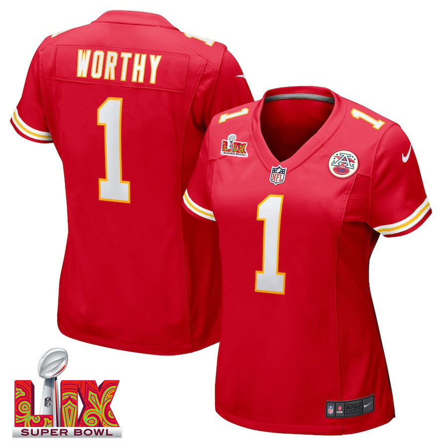 Xavier Worthy #1 Kansas City Chiefs Super Bowl LIX Women's Jersey - Red JS9216 nicesnker
