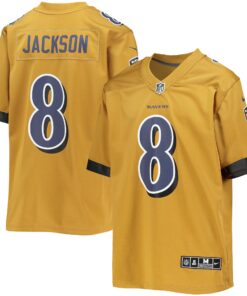 Youth Baltimore Ravens Lamar Jackson Gold Inverted Team Game Jersey JS7720 nicesnker