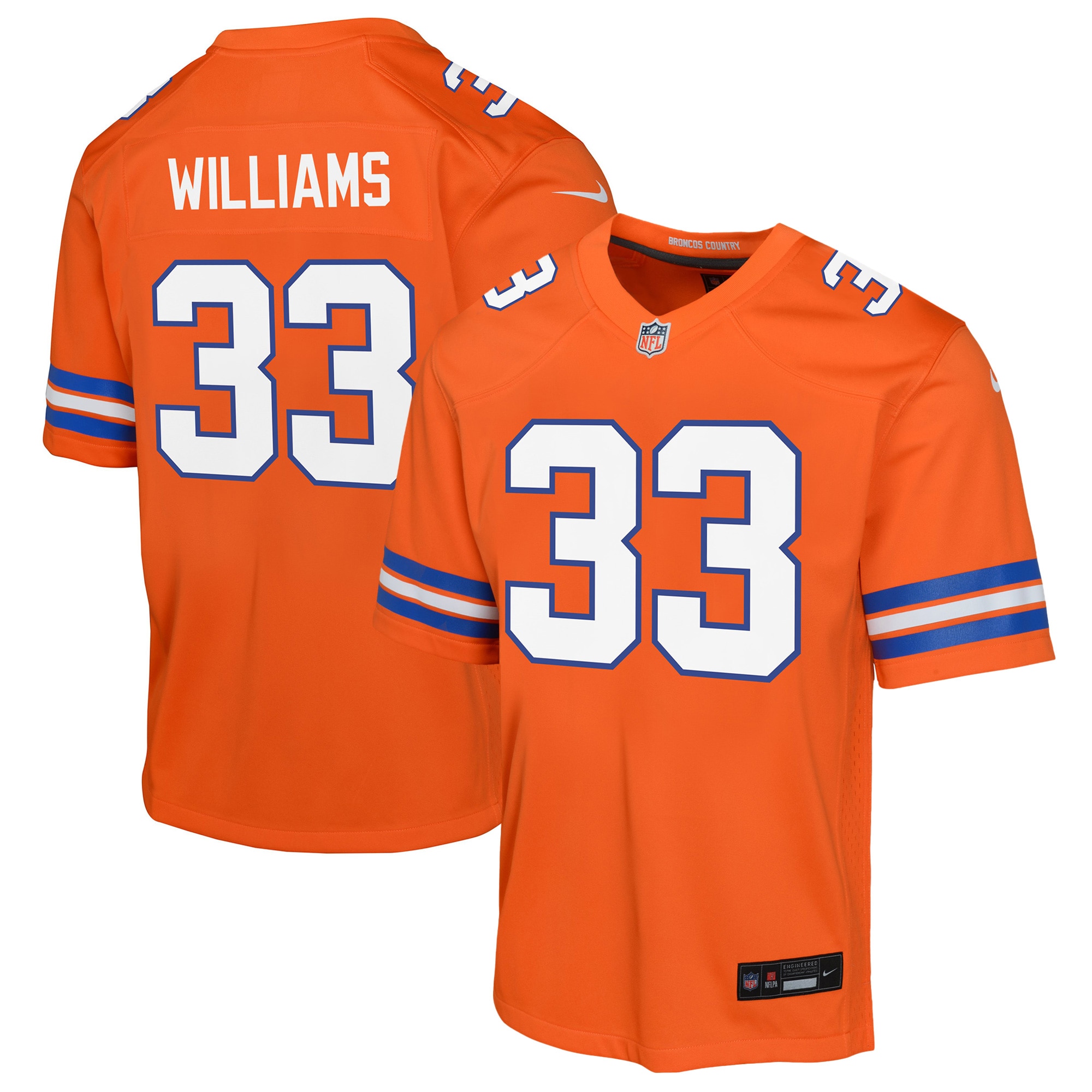 Youth Denver Broncos Javonte Williams Orange Mile High Collection 1977 Throwback Game Jersey JS1702 nicesnker