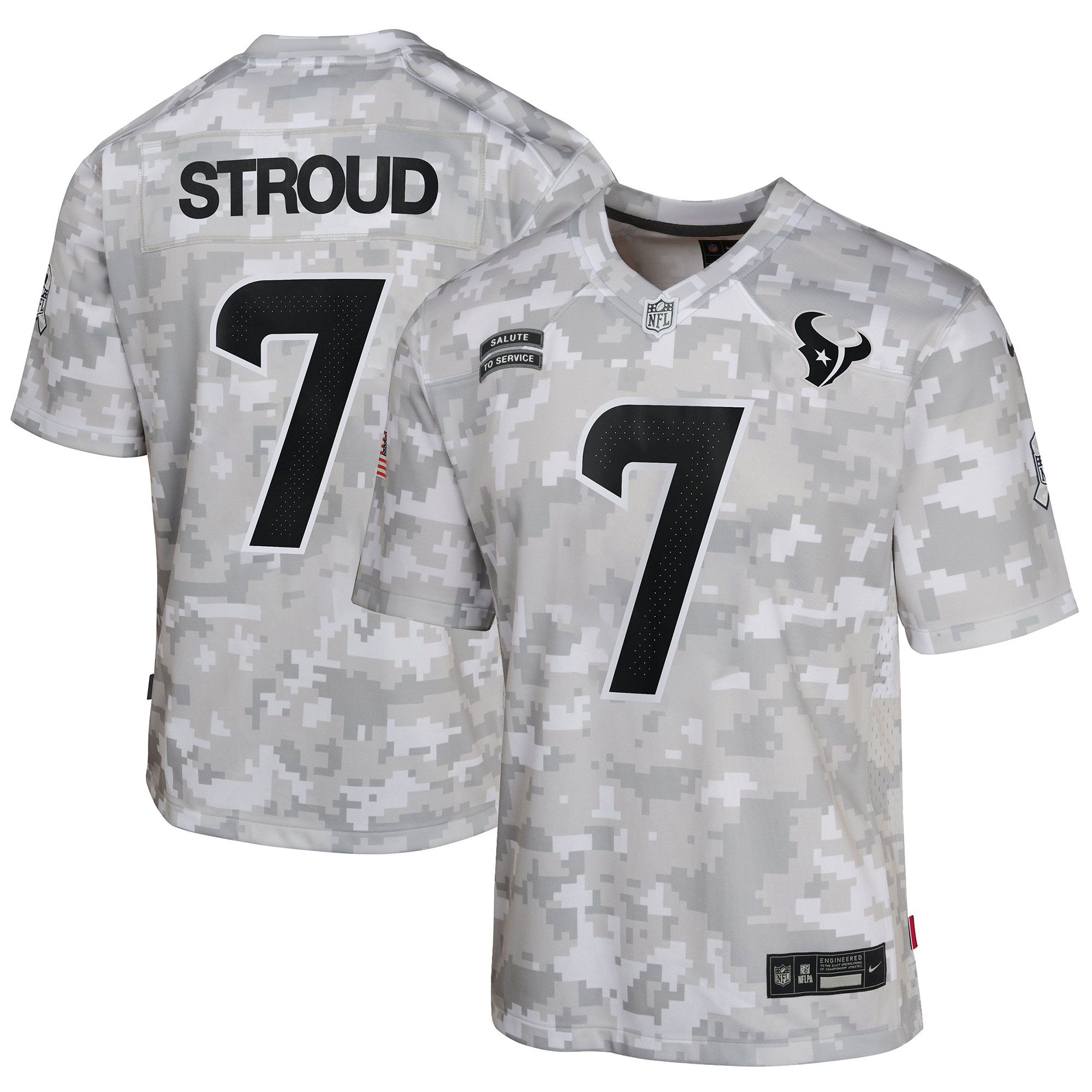 Youth Houston Texans C.J. Stroud Arctic Camo 2024 Salute to Service Game Jersey JS8233 nicesnker
