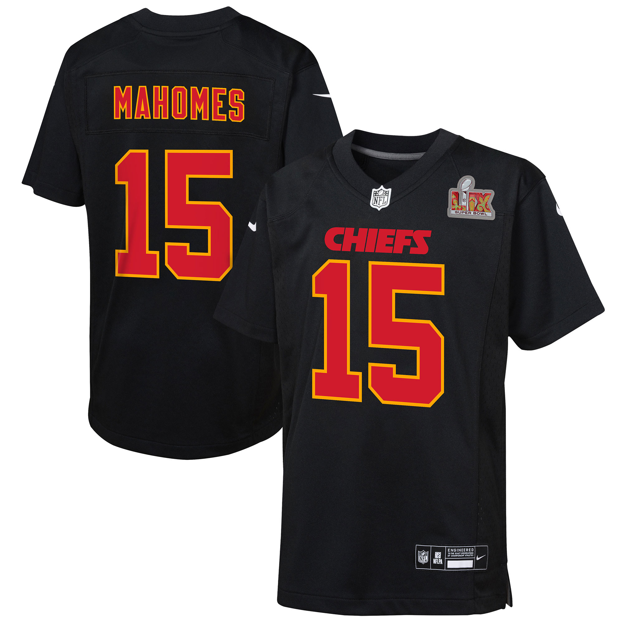 Youth Kansas City Chiefs Patrick Mahomes Carbon Black Super Bowl LIX Patch Fashion Game Jersey JS9045 nicesnker