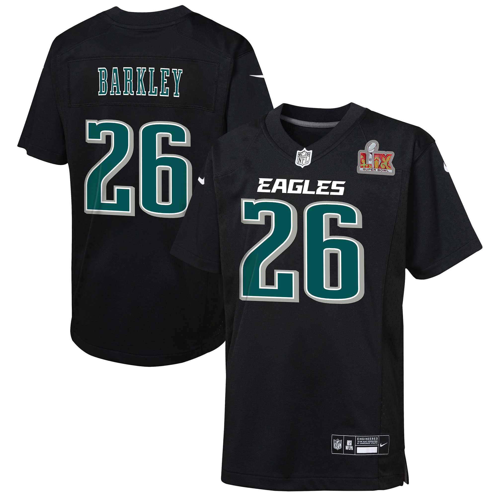 Youth Philadelphia Eagles Saquon Barkley Carbon Black Super Bowl LIX Patch Fashion Game Player Jersey JS3063 nicesnker