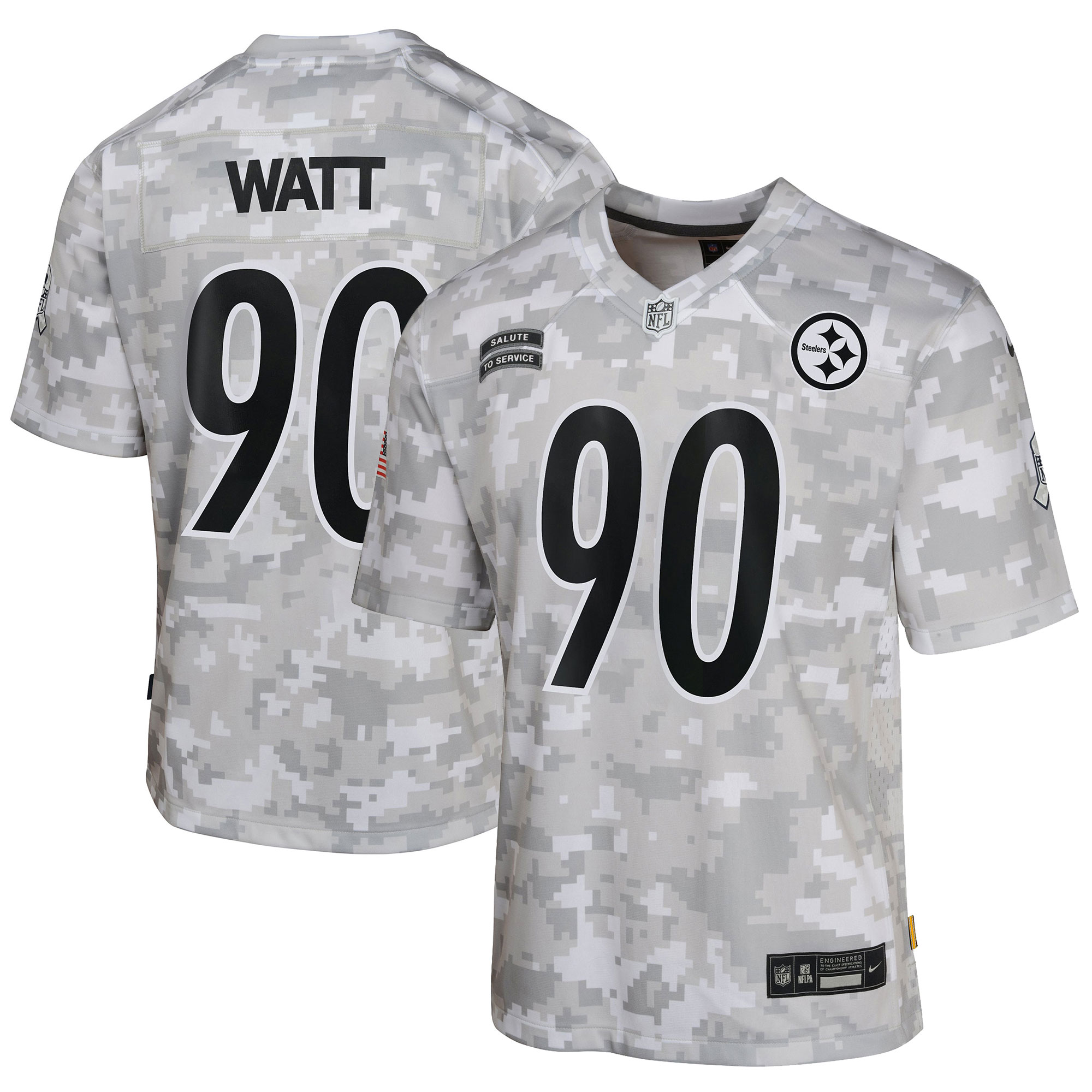 Youth Pittsburgh Steelers T.J. Watt Arctic Camo 2024 Salute to Service Game Jersey JS1389 nicesnker