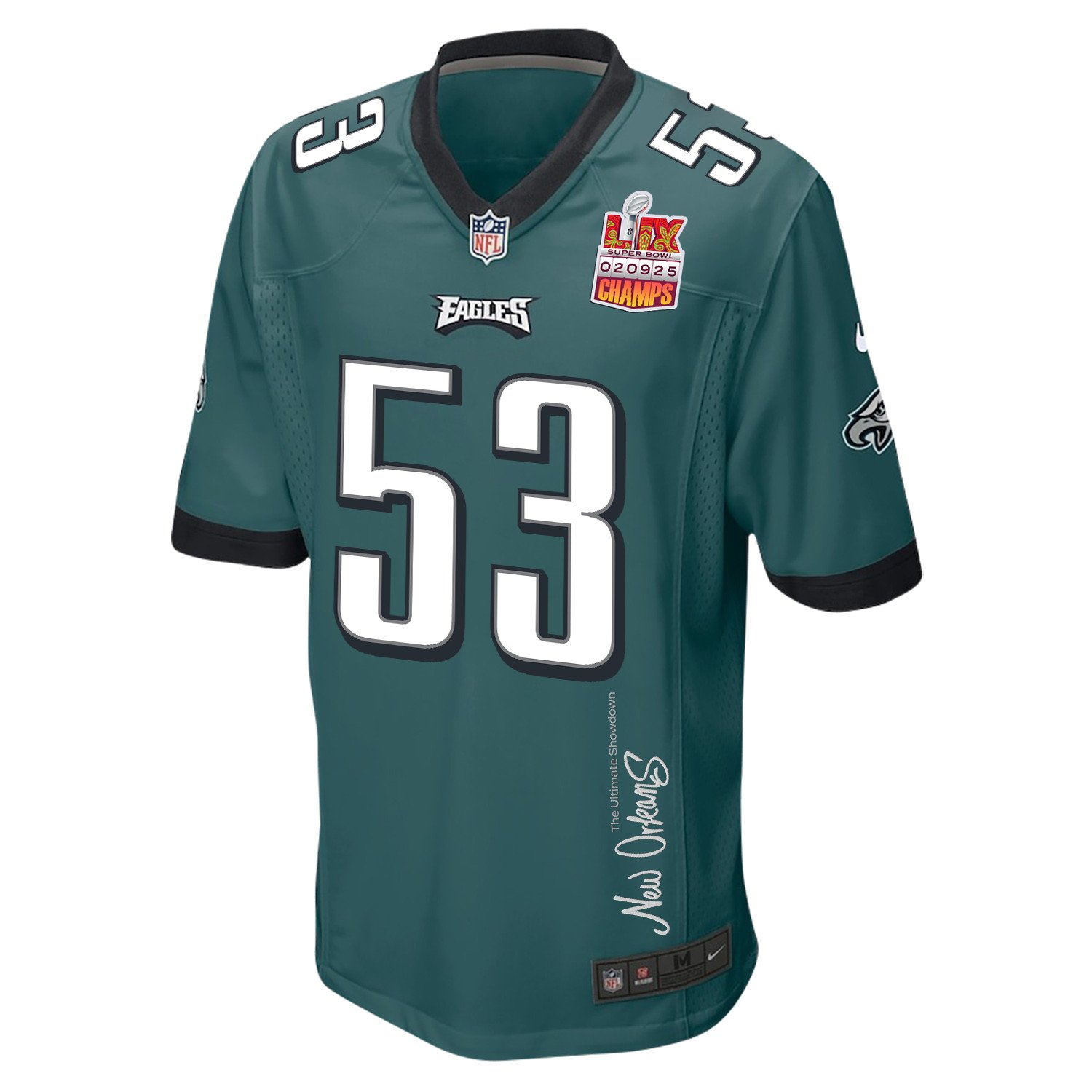 Zack Baun 53 Philadelphia Eagles Super Bowl LIX Champions Patch 'New Orleans - The Ultimate Showdown' EMBROIDERED Game Men Jersey - Midnight Green JS3598 nicesnker - Image 3