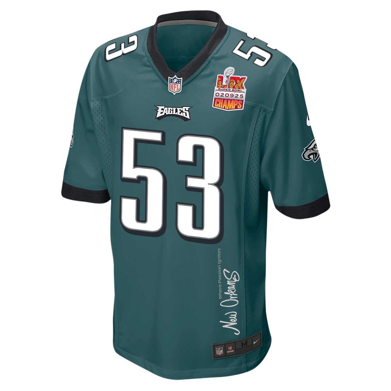 Zack Baun 53 Philadelphia Eagles Super Bowl LIX Champions Patch 'New Orleans - Where Passion Ignites' EMBROIDERED Game Men Jersey - Midnight Green JS8049 nicesnker - Image 3