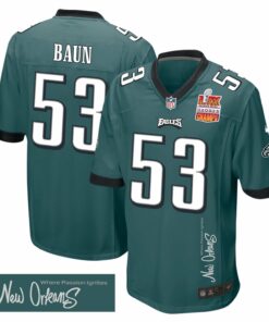 Zack Baun 53 Philadelphia Eagles Super Bowl LIX Champions Patch 'New Orleans - Where Passion Ignites' EMBROIDERED Game Men Jersey - Midnight Green JS8049 nicesnker
