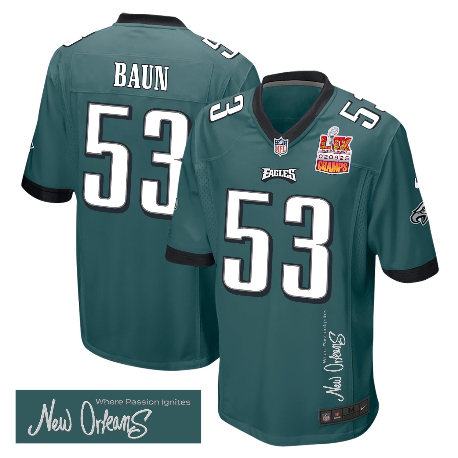 Zack Baun 53 Philadelphia Eagles Super Bowl LIX Champions Patch 'New Orleans - Where Passion Ignites' EMBROIDERED Game Men Jersey - Midnight Green JS8049 nicesnker