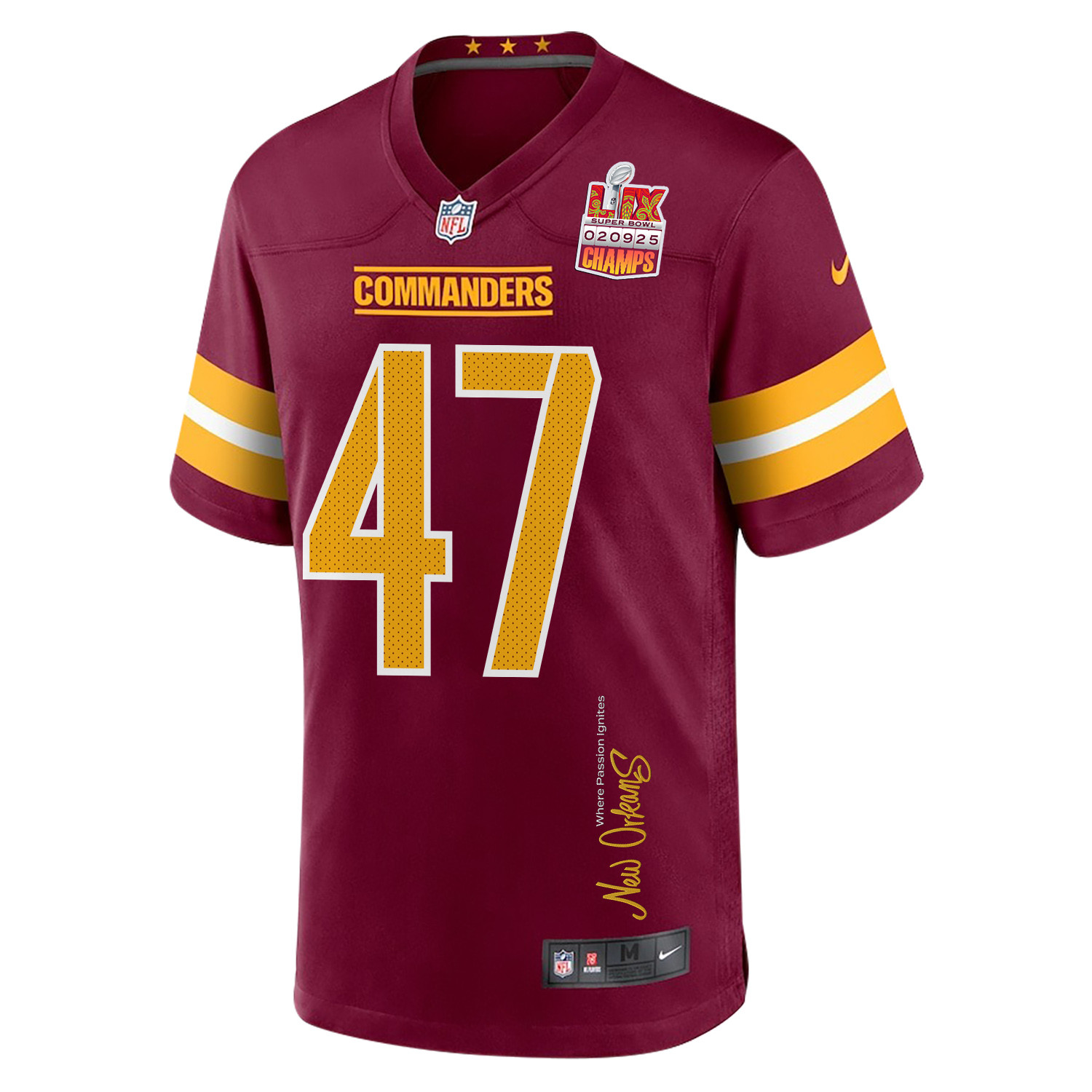 Zane Gonzalez 47 Washington Commanders Super Bowl LIX Champions Patch 'New Orleans - Where Passion Ignites' EMBROIDERED Game Men Jersey - Burgundy JS2709 nicesnker - Image 3